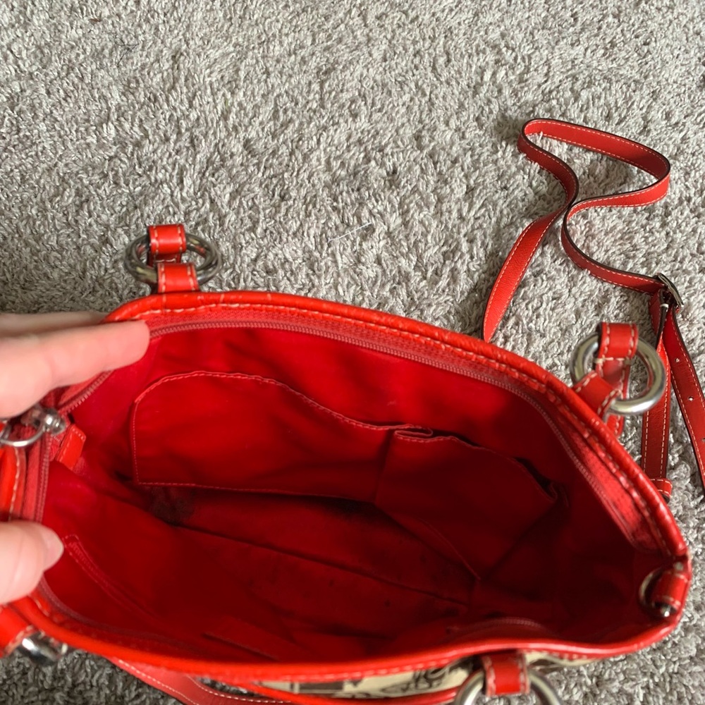 Coach purse with red and tan carriage print. - Picture 4 of 5